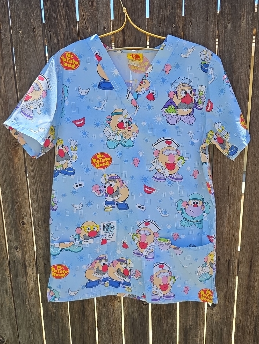 Vintage 2003 Mr. Potato Head Light Blue Cartoon Scrub Top